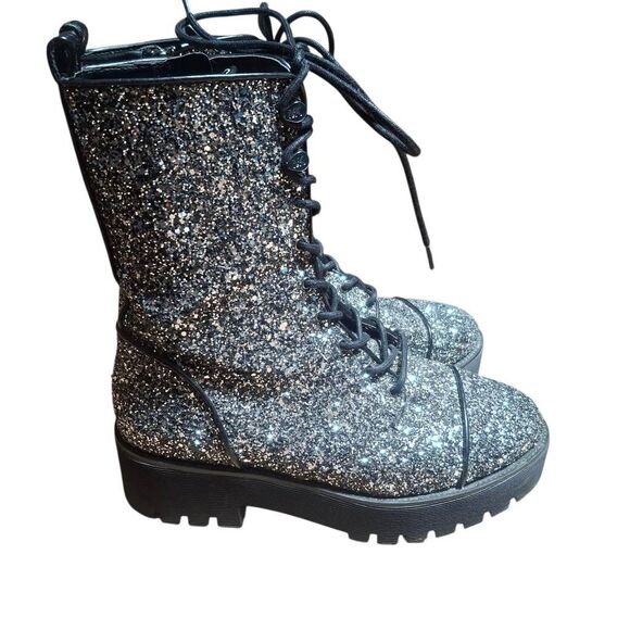 Michael Kors Silver Glitter Combat Boots Women’s 9 Platform Lug Sole Side Zip - Picture 9 of 9